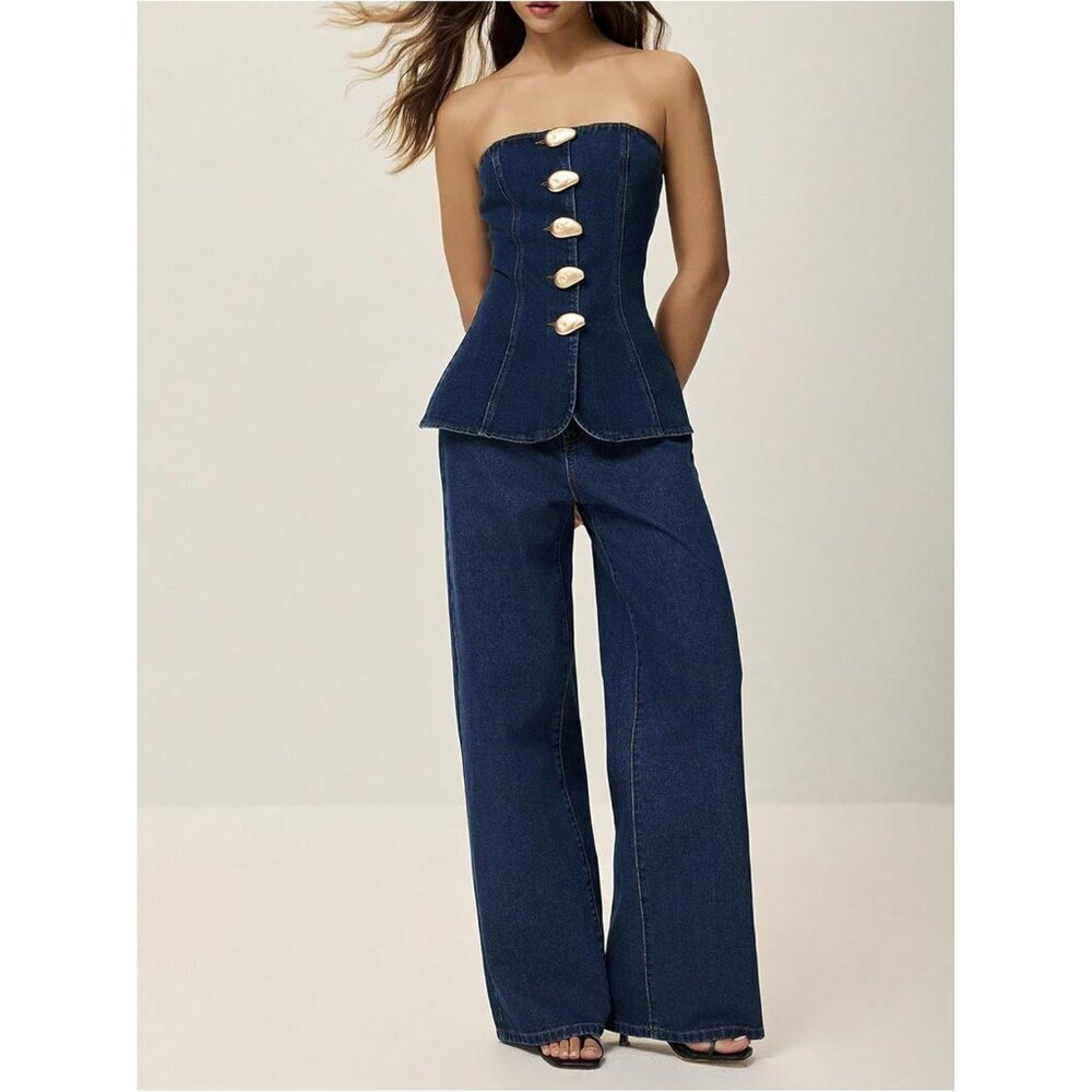 Women's Denim Tube Top Non Stretch Slim Fit Sleeveless Casual Vacation - Picture 5 of 6